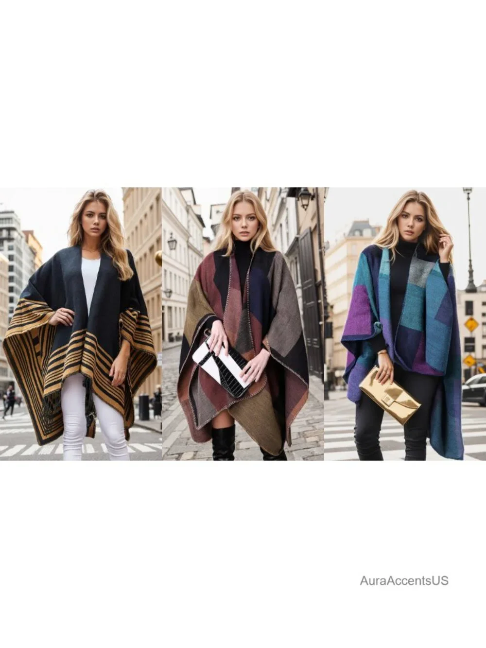 Plaid Shawl Wrap Open Front Poncho Cape Oversized Cardigan Fall Winter